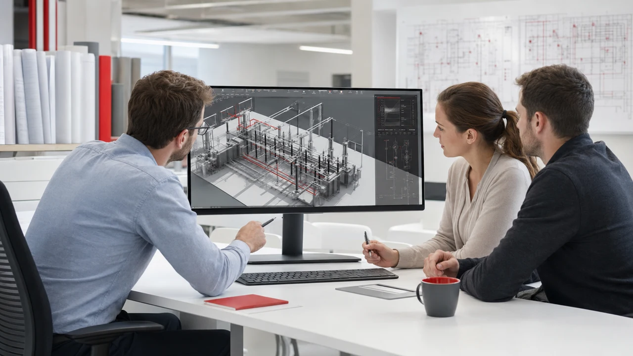 Equipo de ingeniería evaluando modelos y cálculos de infraestructura eléctrica