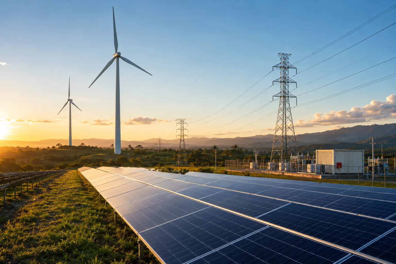 Paneles solares, aerogeneradores y redes eléctricas en un paisaje de energía renovable